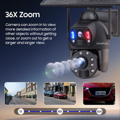 SHIWOJIA 36X بصري إضافة تكبير رقمي 4G SIM / WIFI كاميرا أمان خلوية مزدوجة العدسات، كاميرا شمسية 6 ميجابكسل لاسلكية في الهواء الطلق، إنذار صفارات الإنذار، رؤية ليلية ملونة، شاشة مزدوجة، بما في ذلك البطارية المدمجة 