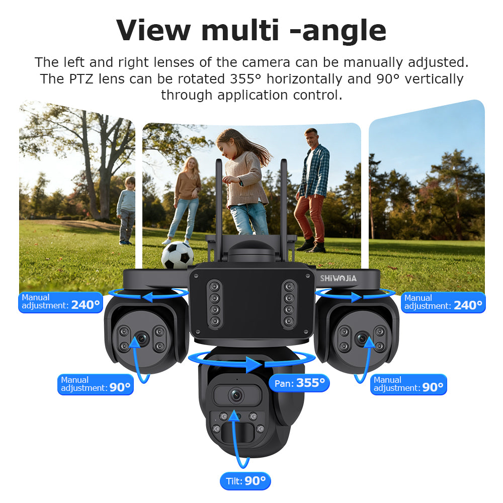 SHIWOJIA 523-9M-AOV Triple Len 24/7 Full Time Recording AOV 4G Solar Camera PIR Human Tracking Area Detect AI Camera GSM IP66 New Gen Network Camera