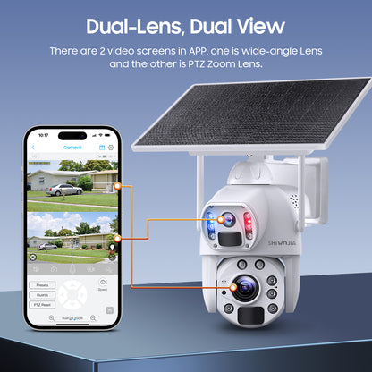كاميرا SHIWOJIA 10 وات تعمل بالطاقة الشمسية 4G SIM / WIFI 6MP 20X ZOOM تعمل بالطاقة الشمسية بقدرة 20000 مللي أمبير في الساعة كاميرات بطارية 360 درجة خارجية بعدسة مزدوجة تسجيل كاميرا بشرية 