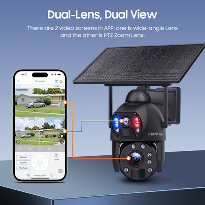 SHIWOJIA 36X بصري إضافة تكبير رقمي 4G SIM / WIFI كاميرا أمان خلوية مزدوجة العدسات، كاميرا شمسية 6 ميجابكسل لاسلكية في الهواء الطلق، إنذار صفارات الإنذار، رؤية ليلية ملونة، شاشة مزدوجة، بما في ذلك البطارية المدمجة 
