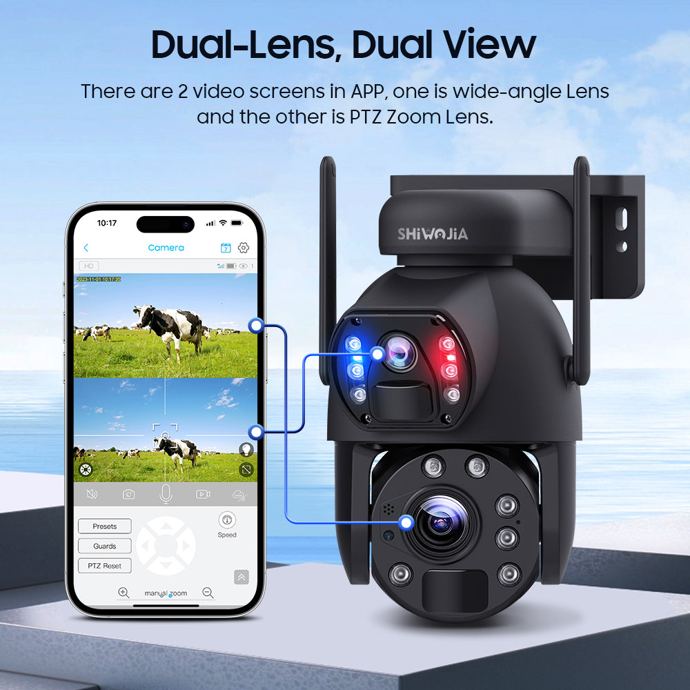 SHIWOJIA 20W بطارية شمسية 20X تكبير أحمر أزرق إنذار FloodLight PTZ كاميرا 4G SIM / WIFI كاميرا أمان خلوية عدسة مزدوجة، كاميرا شمسية 6 ميجابكسل لاسلكية في الهواء الطلق، رؤية ليلية ملونة، شاشة مزدوجة، بطارية مدمجة 