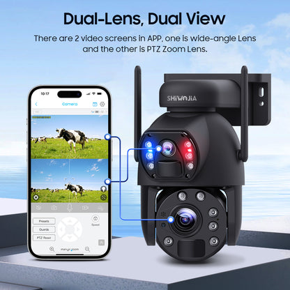 SHIWOJIA 20W بطارية شمسية 20X تكبير أحمر أزرق إنذار FloodLight PTZ كاميرا 4G SIM / WIFI كاميرا أمان خلوية عدسة مزدوجة، كاميرا شمسية 6 ميجابكسل لاسلكية في الهواء الطلق، رؤية ليلية ملونة، شاشة مزدوجة، بطارية مدمجة 