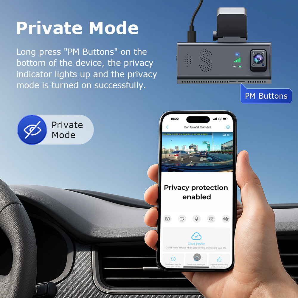 SHIWOJIA CC09 Car Guard Camera 24/7 Parking Radar Detection Front and Rear 6MP Car GPS Night Vision UBOXPRO APP Control Recorder Includes a 128GB memory card.