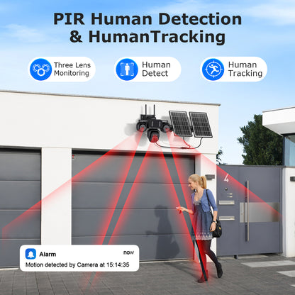 SHIWOJIA 523-9M-AOV Triple Len 24/7 Full Time Recording AOV 4G Solar Camera PIR Human Tracking Area Detect AI Camera GSM IP66 New Gen Network Camera