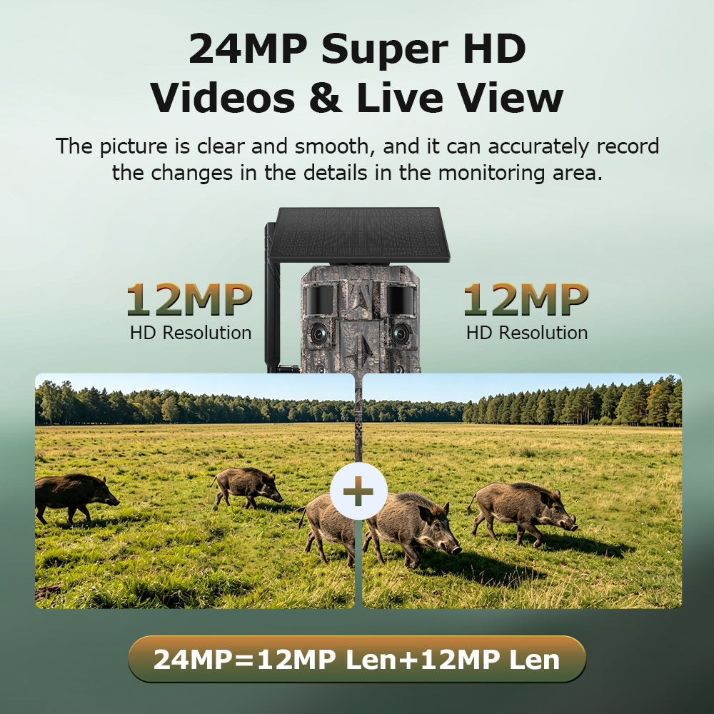 24MP AI Dual Lens CMOS Solar Hunting Camera 4G LTE Trail Camera Live View PIR Motion Detection Night Vision IP66 Cloud Storage