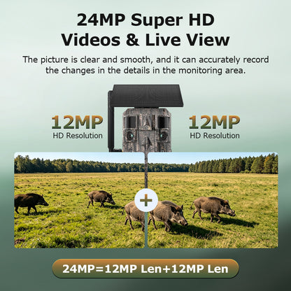 24MP AI Dual Lens CMOS Solar Hunting Camera 4G LTE Trail Camera Live View PIR Motion Detection Night Vision IP66 Cloud Storage
