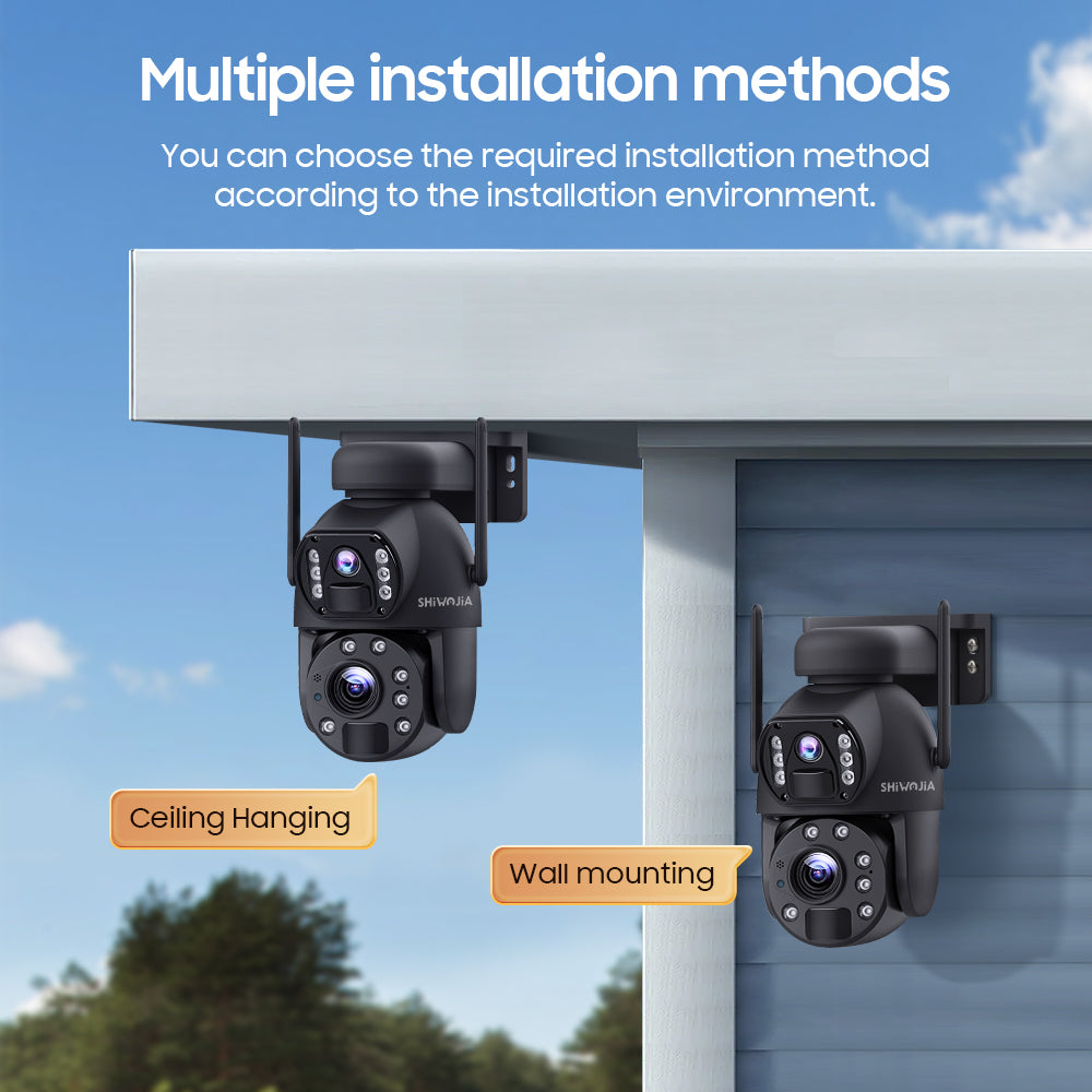 SHIWOJIA 10X زووم بصري 4G SIM / WIFI كاميرا أمان خلوية بعدسة مزدوجة، كاميرا شمسية مزدوجة الرؤية 6 ميجابكسل لاسلكية في الهواء الطلق، إنذار صفارات الإنذار، رؤية ليلية ملونة، شاشة مزدوجة. مدمج في البطارية 