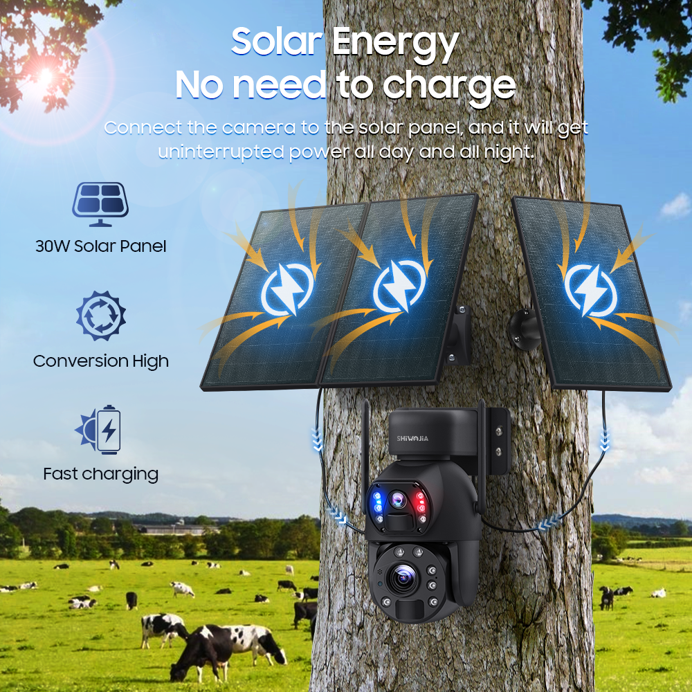 SHIWOJIA 6MP 30W Solar Battery 20x zoom Red Blue Alarm Floodlight PTZ Camera Night Vision 3 PCS Solar Board Built in 28000mAh Batteries 