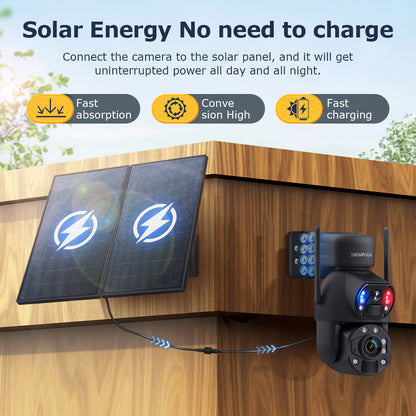 SHIWOJIA بطارية شمسية 20 وات 36X تكبير أحمر أزرق إنذار FloodLight PTZ كاميرا 4G SIM / WIFI كاميرا أمان خلوية مزدوجة العدسة، كاميرا شمسية 6 ميجابكسل لاسلكية في الهواء الطلق، رؤية ليلية ملونة، شاشة مزدوجة، بطارية مدمجة 