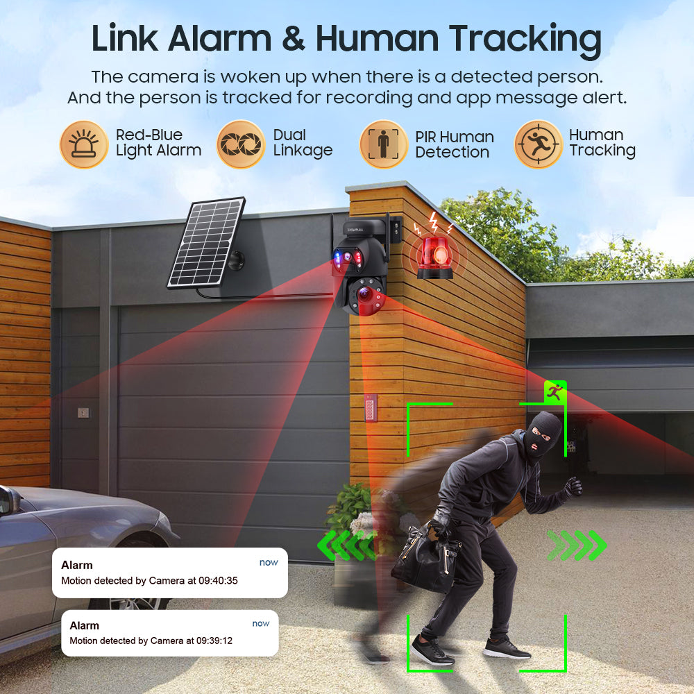 SHIWOJIA 20X Zoom 4G SIM / WIFI كاميرا أمان خلوية مزدوجة العدسات، كاميرا شمسية 6 ميجابكسل لاسلكية في الهواء الطلق، إنذار صفارات الإنذار، رؤية ليلية ملونة، شاشة مزدوجة، بطارية مدمجة 12000 مللي أمبير في الساعة 