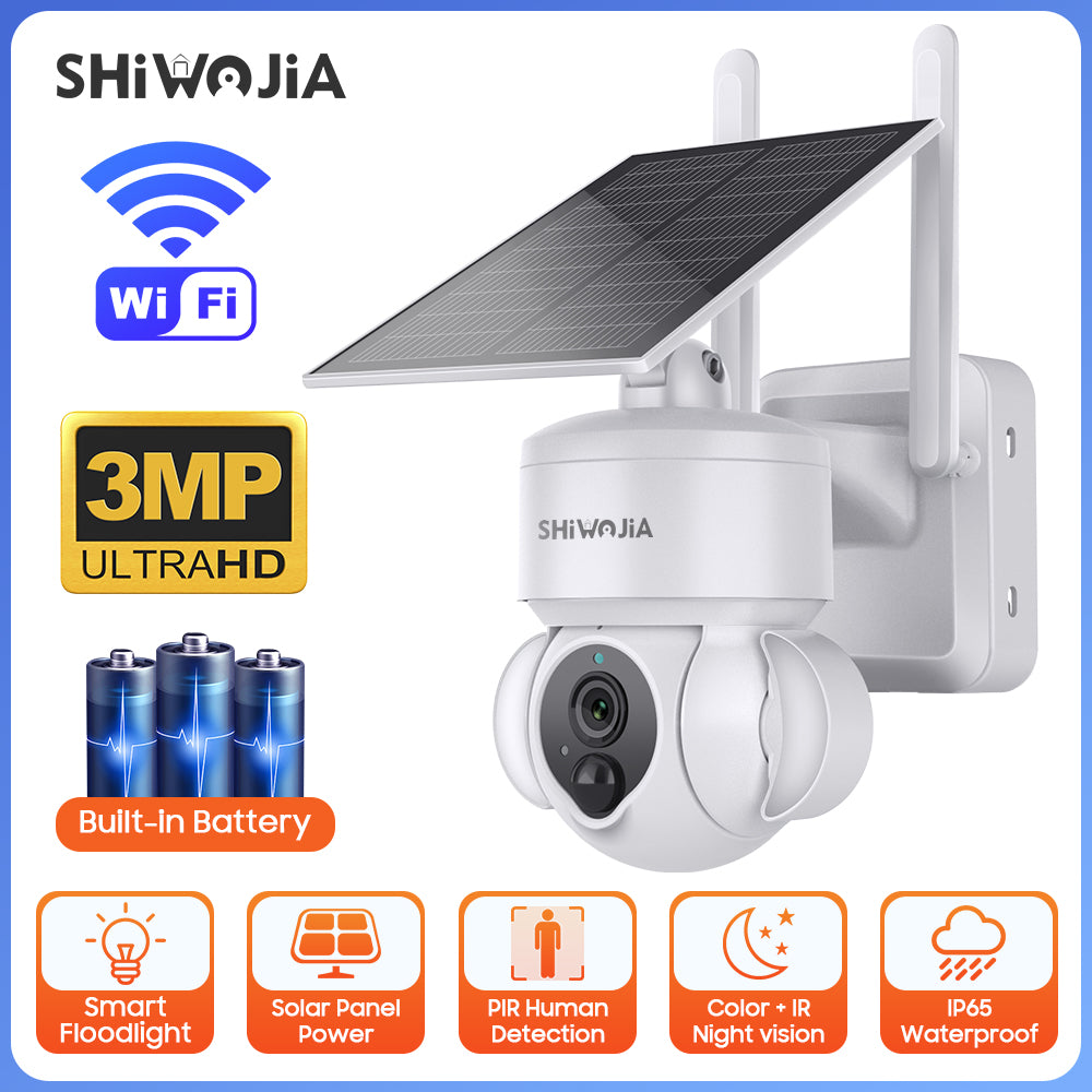 SHIWOJIA Outdoor Camera 4G SIM /WIFI Solar Powered 7800mAh Battery with 5W Solar Panels 3MP Color Night Vision Wireless Garden CCTV.Built-in Battery