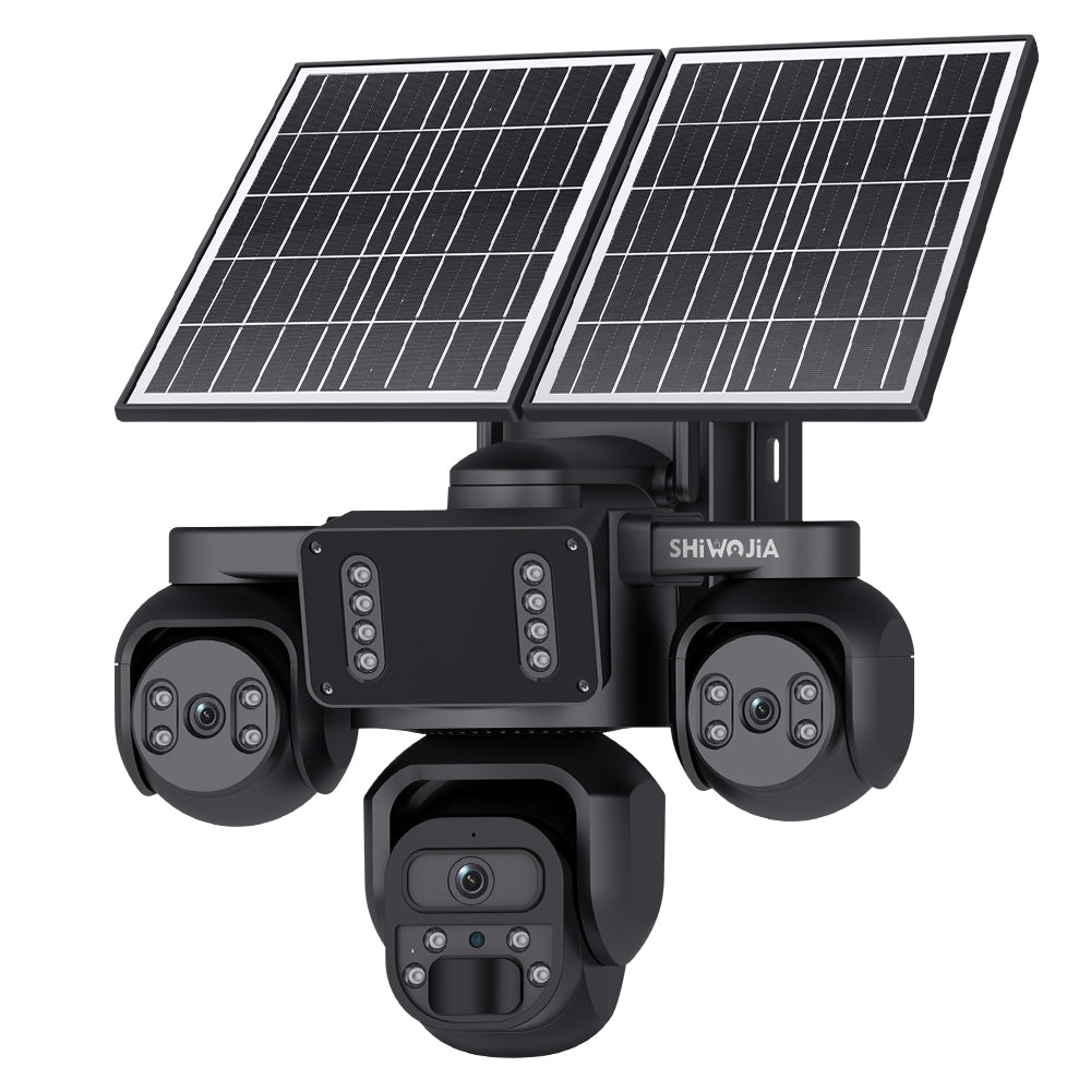 SHIWOJIA 523-9M-AOV Triple Len 24/7 Full Time Recording AOV 4G Solar Camera PIR Human Tracking Area Detect AI Camera GSM IP66 New Gen Network Camera