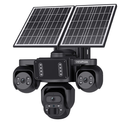 SHIWOJIA 523-9M-AOV Triple Len 24/7 Full Time Recording AOV 4G Solar Camera PIR Human Tracking Area Detect AI Camera GSM IP66 New Gen Network Camera