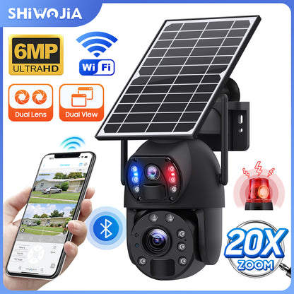 SHIWOJIA 20X Zoom 4G SIM / WIFI كاميرا أمان خلوية مزدوجة العدسات، كاميرا شمسية 6 ميجابكسل لاسلكية في الهواء الطلق، إنذار صفارات الإنذار، رؤية ليلية ملونة، شاشة مزدوجة، بطارية مدمجة 12000 مللي أمبير في الساعة 
