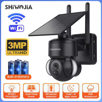 SHIWOJIA Outdoor Camera 4G SIM /WIFI Solar Powered 7800mAh Battery with 5W Solar Panels 3MP Color Night Vision Wireless Garden CCTV.Built-in Battery