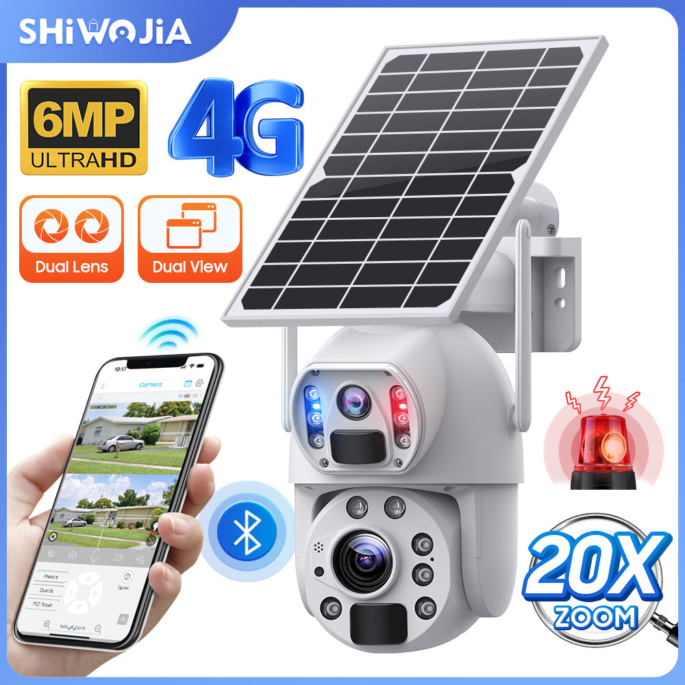 SHIWOJIA 20X Zoom 4G SIM / WIFI كاميرا أمان خلوية مزدوجة العدسات، كاميرا شمسية 6 ميجابكسل لاسلكية في الهواء الطلق، إنذار صفارات الإنذار، رؤية ليلية ملونة، شاشة مزدوجة، بطارية مدمجة 12000 مللي أمبير في الساعة 