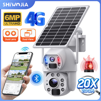 SHIWOJIA 20X Zoom 4G SIM / WIFI كاميرا أمان خلوية مزدوجة العدسات، كاميرا شمسية 6 ميجابكسل لاسلكية في الهواء الطلق، إنذار صفارات الإنذار، رؤية ليلية ملونة، شاشة مزدوجة، بطارية مدمجة 12000 مللي أمبير في الساعة 