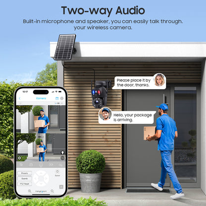 SHIWOJIA 20X Zoom 4G SIM / WIFI كاميرا أمان خلوية مزدوجة العدسات، كاميرا شمسية 6 ميجابكسل لاسلكية في الهواء الطلق، إنذار صفارات الإنذار، رؤية ليلية ملونة، شاشة مزدوجة، بطارية مدمجة 12000 مللي أمبير في الساعة 