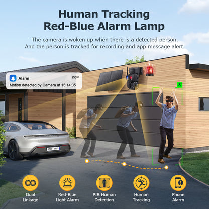 SHIWOJIA بطارية شمسية 20 وات 36X تكبير أحمر أزرق إنذار FloodLight PTZ كاميرا 4G SIM / WIFI كاميرا أمان خلوية مزدوجة العدسة، كاميرا شمسية 6 ميجابكسل لاسلكية في الهواء الطلق، رؤية ليلية ملونة، شاشة مزدوجة، بطارية مدمجة 