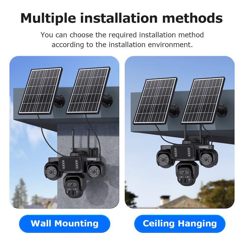 SHIWOJIA 523-9M-AOV Triple Len 24/7 Full Time Recording AOV 4G Solar Camera PIR Human Tracking Area Detect AI Camera GSM IP66 New Gen Network Camera