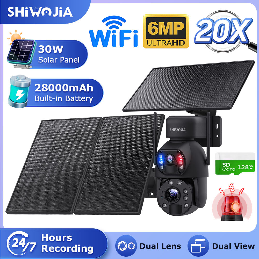 SHIWOJIA 30W Solar Battery 20x zoom Red Blue Alarm Floodlight PTZ Camera 3 PCS Solar Board Built in 28000mAh Batteries Night Vision Camera 