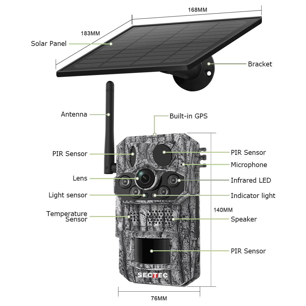 SHIWOJIA GPS Tracking 4G Solar Trail Camera 3MP Super HD PIR Motion Detection IP66 Waterproof Wide Range Detection Night Vision
