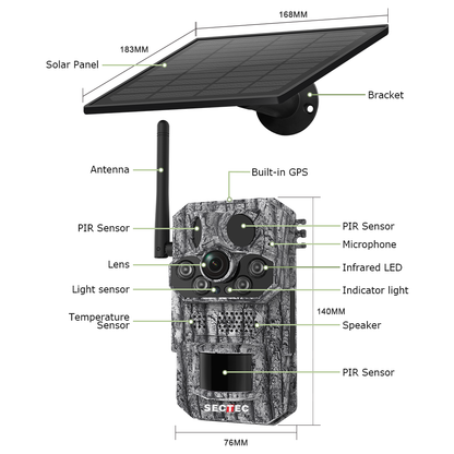 SHIWOJIA GPS Tracking 4G Solar Trail Camera 3MP Super HD PIR Motion Detection IP66 Waterproof Wide Range Detection Night Vision