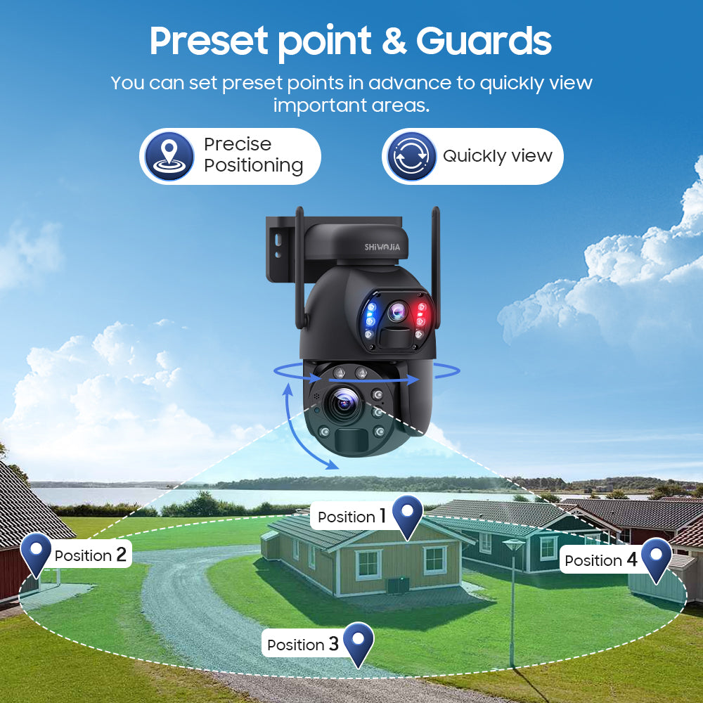 SHIWOJIA 20W بطارية شمسية 20X تكبير أحمر أزرق إنذار FloodLight PTZ كاميرا 4G SIM / WIFI كاميرا أمان خلوية عدسة مزدوجة، كاميرا شمسية 6 ميجابكسل لاسلكية في الهواء الطلق، رؤية ليلية ملونة، شاشة مزدوجة، بطارية مدمجة 