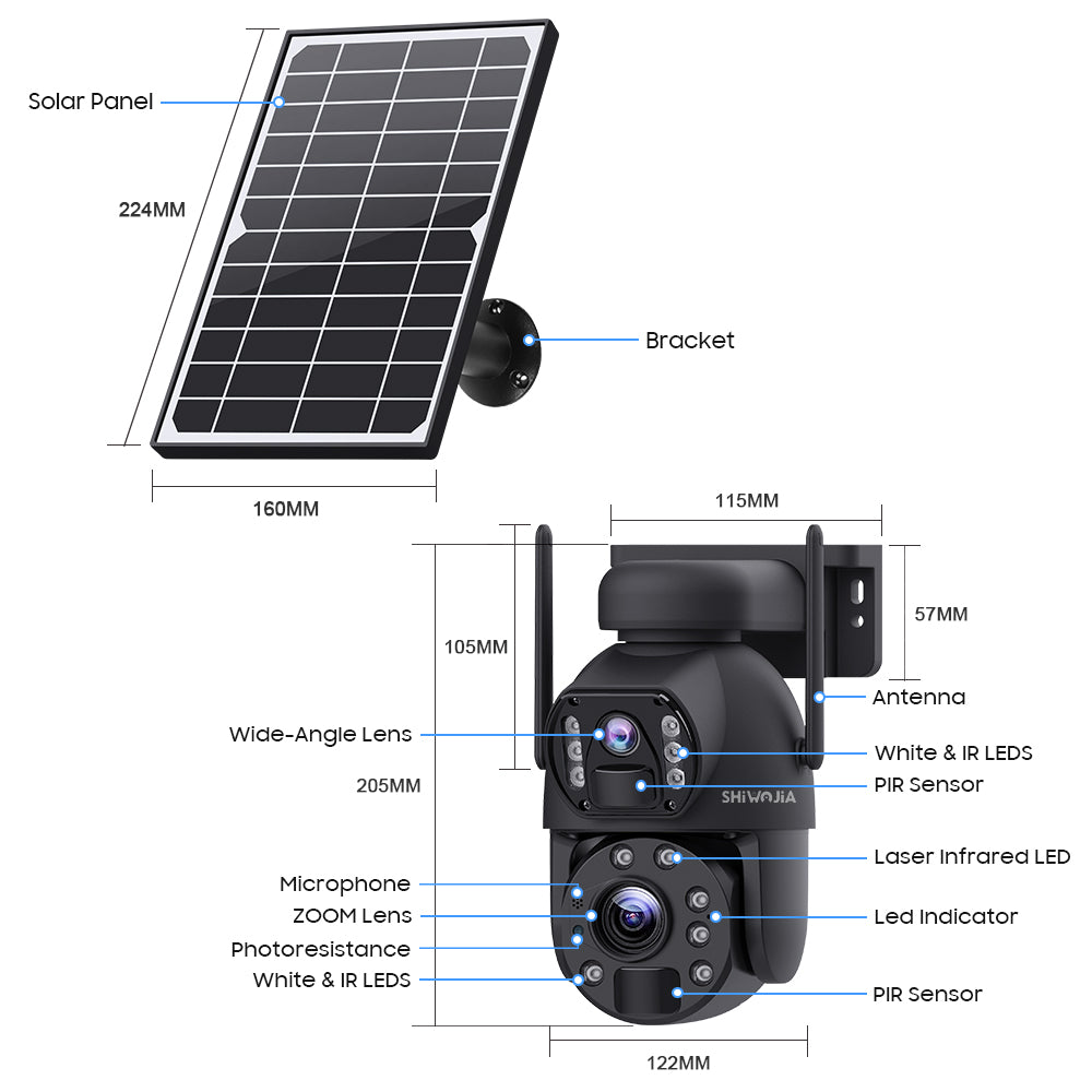 SHIWOJIA 10X زووم بصري 4G SIM / WIFI كاميرا أمان خلوية بعدسة مزدوجة، كاميرا شمسية مزدوجة الرؤية 6 ميجابكسل لاسلكية في الهواء الطلق، إنذار صفارات الإنذار، رؤية ليلية ملونة، شاشة مزدوجة. مدمج في البطارية 