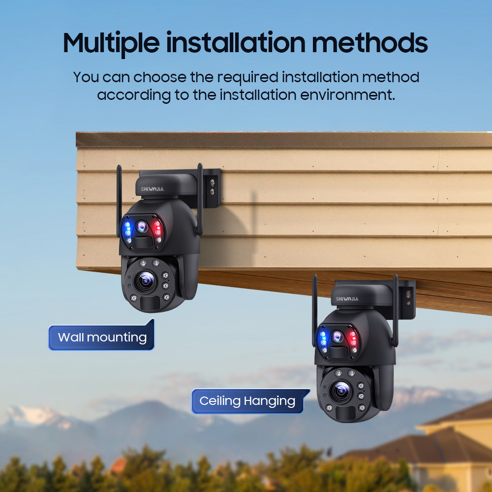 SHIWOJIA 20W بطارية شمسية 20X تكبير أحمر أزرق إنذار FloodLight PTZ كاميرا 4G SIM / WIFI كاميرا أمان خلوية عدسة مزدوجة، كاميرا شمسية 6 ميجابكسل لاسلكية في الهواء الطلق، رؤية ليلية ملونة، شاشة مزدوجة، بطارية مدمجة 