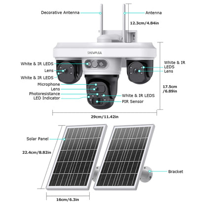 SHIWOJIA 563AOV 9MP Solar Camera 4G SIM Thress Screen WIFI Wireless Outdoor Security PTZ Camera 7/24 Hour Video Recording UBOXPRO
