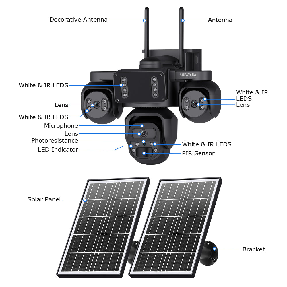 SHIWOJIA 523-9M-AOV Triple Len 24/7 Full Time Recording AOV 4G Solar Camera PIR Human Tracking Area Detect AI Camera GSM IP66 New Gen Network Camera