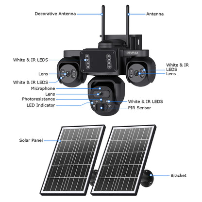 SHIWOJIA 523-9M-AOV Triple Len 24/7 Full Time Recording AOV 4G Solar Camera PIR Human Tracking Area Detect AI Camera GSM IP66 New Gen Network Camera