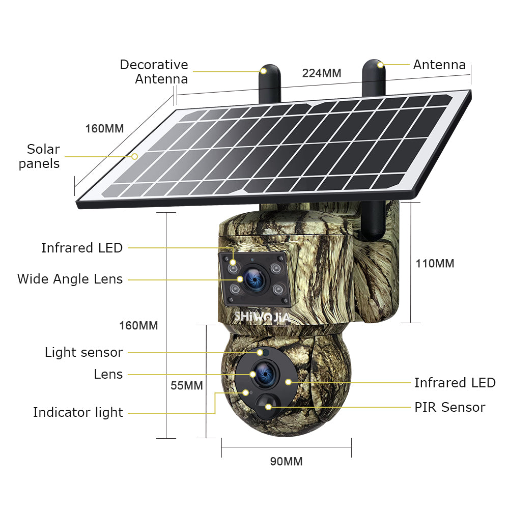 SHIWOJIA 6MP Solar Camera 4G SIM / WIFI Security Outdoor Camouflage Color Dual Lens Solar Battery PTZ Camera 