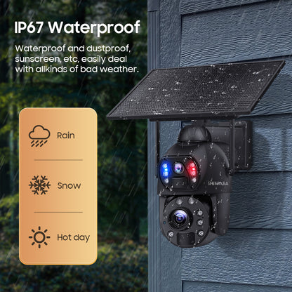 SHIWOJIA 36X بصري إضافة تكبير رقمي 4G SIM / WIFI كاميرا أمان خلوية مزدوجة العدسات، كاميرا شمسية 6 ميجابكسل لاسلكية في الهواء الطلق، إنذار صفارات الإنذار، رؤية ليلية ملونة، شاشة مزدوجة، بما في ذلك البطارية المدمجة 