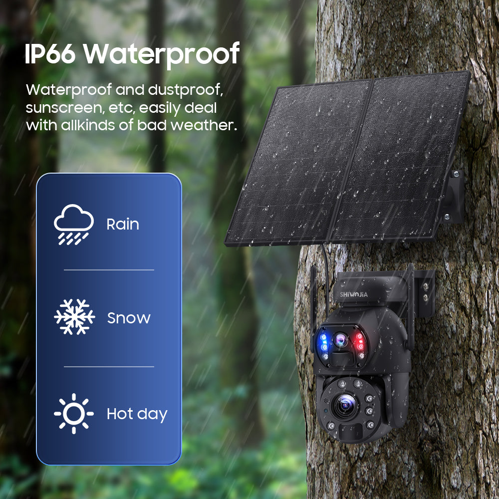 SHIWOJIA 20W بطارية شمسية 20X تكبير أحمر أزرق إنذار FloodLight PTZ كاميرا 4G SIM / WIFI كاميرا أمان خلوية عدسة مزدوجة، كاميرا شمسية 6 ميجابكسل لاسلكية في الهواء الطلق، رؤية ليلية ملونة، شاشة مزدوجة، بطارية مدمجة 