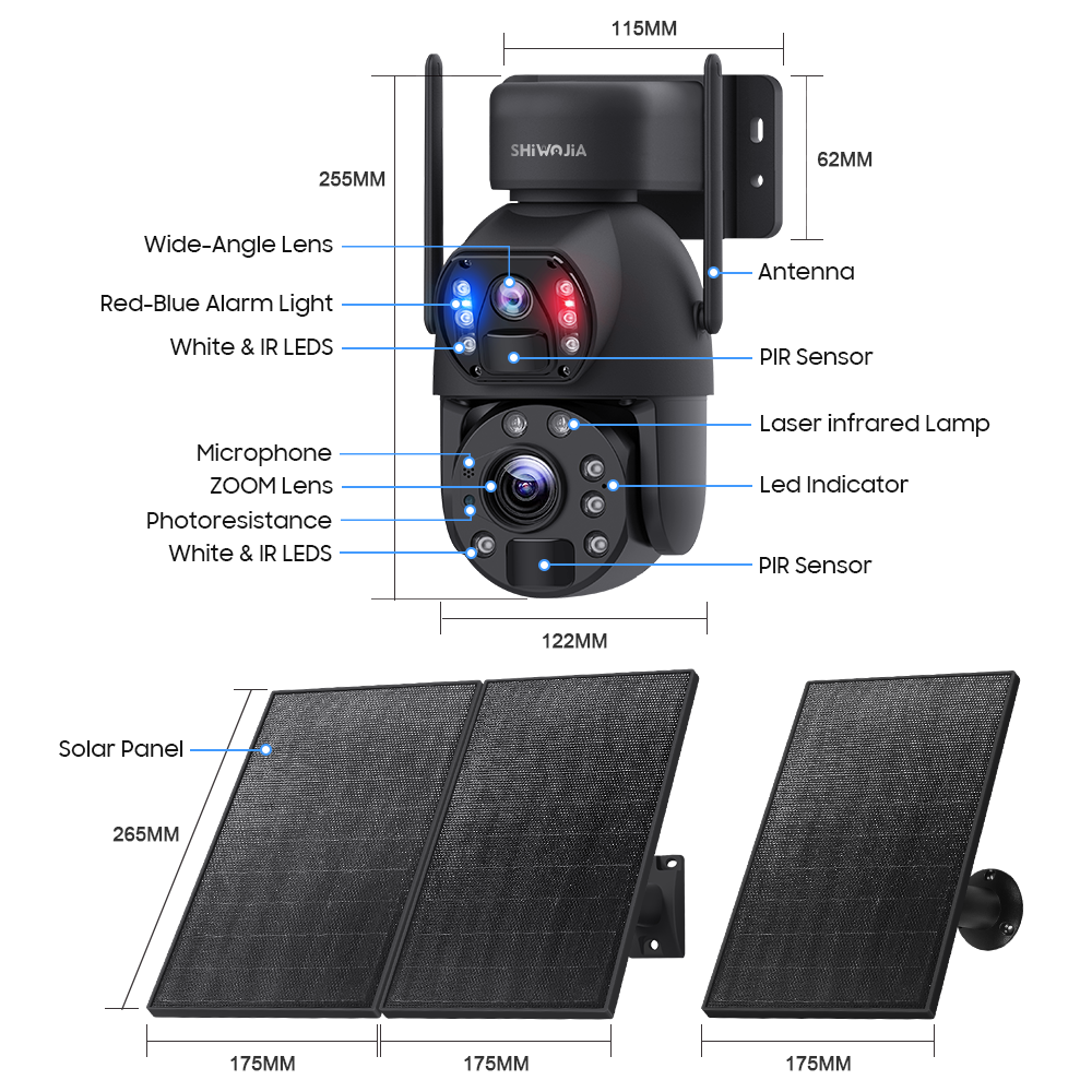 SHIWOJIA 6MP 30W Solar Battery 20x zoom Red Blue Alarm Floodlight PTZ Camera Night Vision 3 PCS Solar Board Built in 28000mAh Batteries 