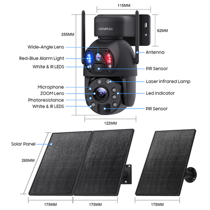SHIWOJIA 6MP 30W Solar Battery 20x zoom Red Blue Alarm Floodlight PTZ Camera Night Vision 3 PCS Solar Board Built in 28000mAh Batteries 