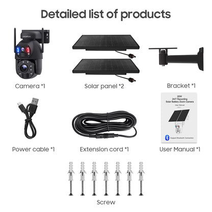 SHIWOJIA 20W بطارية شمسية 20X تكبير أحمر أزرق إنذار FloodLight PTZ كاميرا 4G SIM / WIFI كاميرا أمان خلوية عدسة مزدوجة، كاميرا شمسية 6 ميجابكسل لاسلكية في الهواء الطلق، رؤية ليلية ملونة، شاشة مزدوجة، بطارية مدمجة 