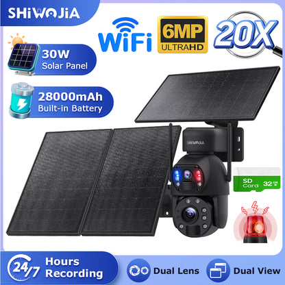 SHIWOJIA 6MP 30W Solar Battery 20x zoom Red Blue Alarm Floodlight PTZ Camera Night Vision 3 PCS Solar Board Built in 28000mAh Batteries 