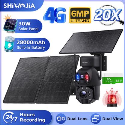 SHIWOJIA 6MP 30W Solar Battery 20x zoom Red Blue Alarm Floodlight PTZ Camera Night Vision 3 PCS Solar Board Built in 28000mAh Batteries 
