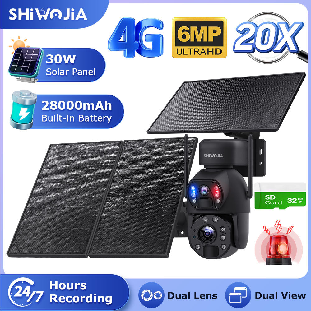 SHIWOJIA 30W Solar Battery 20x zoom Red Blue Alarm Floodlight PTZ Camera 3 PCS Solar Board Built in 28000mAh Batteries Night Vision Camera 