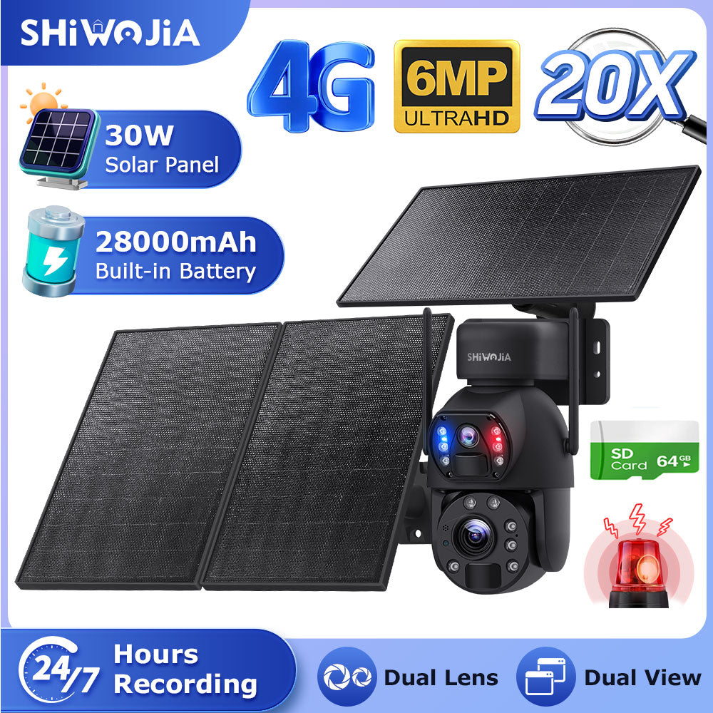 SHIWOJIA 30W Solar Battery 20x zoom Red Blue Alarm Floodlight PTZ Camera 3 PCS Solar Board Built in 28000mAh Batteries Night Vision Camera 