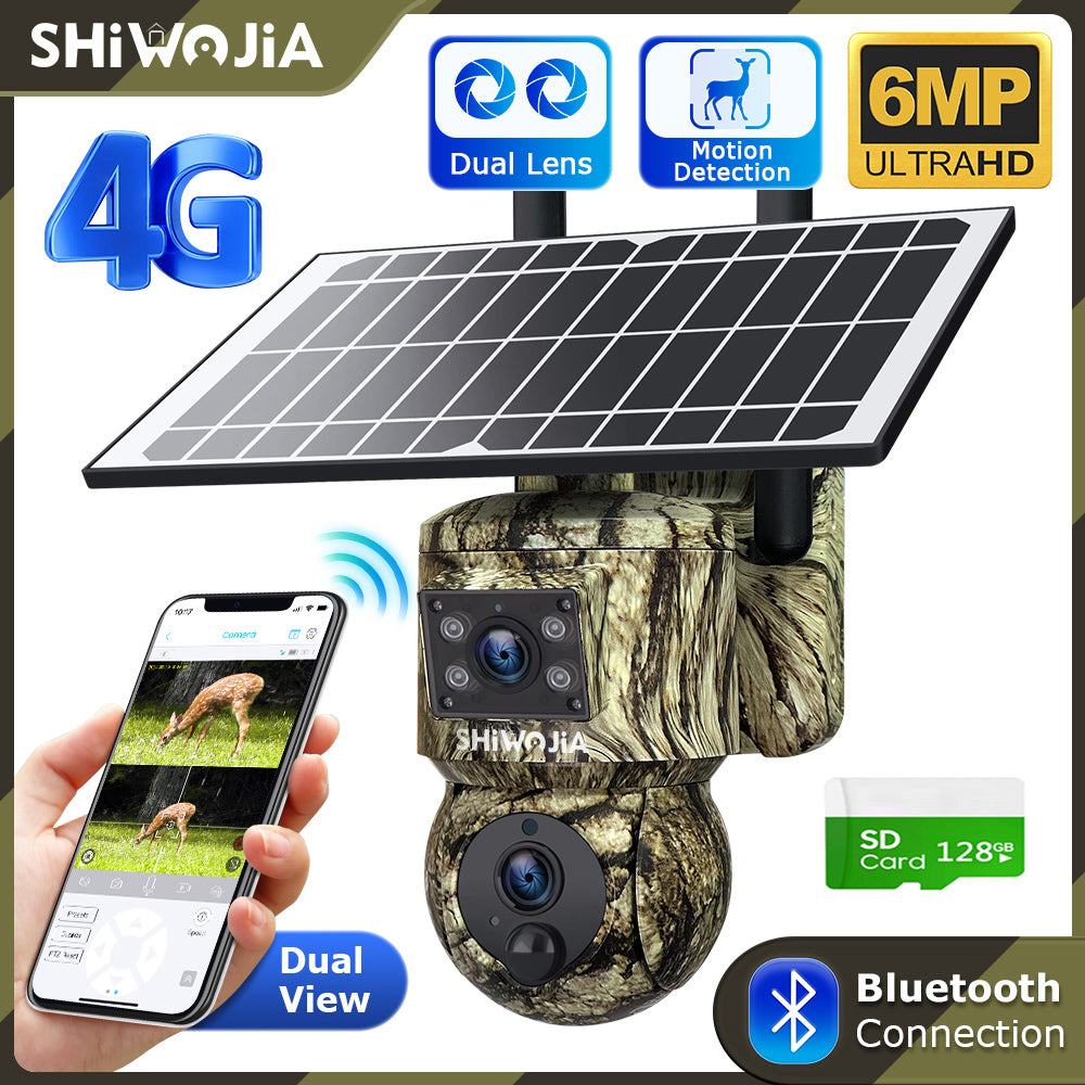 SHIWOJIA 6MP Solar Camera 4G SIM / WIFI Security Outdoor Camouflage Color Dual Lens Solar Battery PTZ Camera 