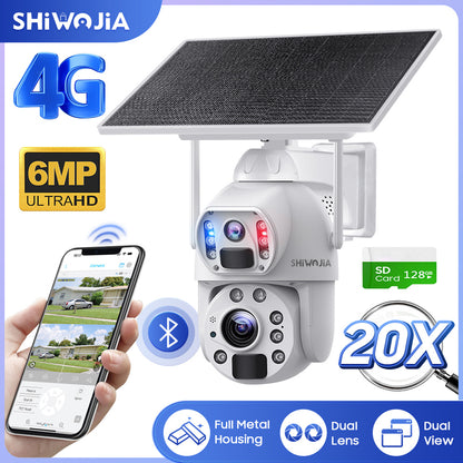 كاميرا SHIWOJIA 10 وات تعمل بالطاقة الشمسية 4G SIM / WIFI 6MP 20X ZOOM تعمل بالطاقة الشمسية بقدرة 20000 مللي أمبير في الساعة كاميرات بطارية 360 درجة خارجية بعدسة مزدوجة تسجيل كاميرا بشرية 