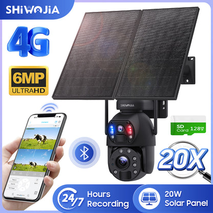 SHIWOJIA 20W بطارية شمسية 20X تكبير أحمر أزرق إنذار FloodLight PTZ كاميرا 4G SIM / WIFI كاميرا أمان خلوية عدسة مزدوجة، كاميرا شمسية 6 ميجابكسل لاسلكية في الهواء الطلق، رؤية ليلية ملونة، شاشة مزدوجة، بطارية مدمجة 