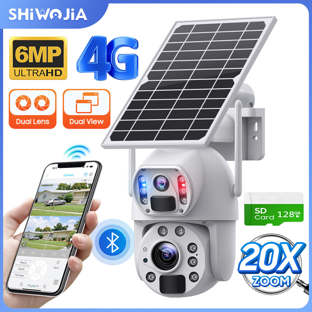 SHIWOJIA 20X Zoom 4G SIM / WIFI كاميرا أمان خلوية مزدوجة العدسات، كاميرا شمسية 6 ميجابكسل لاسلكية في الهواء الطلق، إنذار صفارات الإنذار، رؤية ليلية ملونة، شاشة مزدوجة، بطارية مدمجة 12000 مللي أمبير في الساعة 