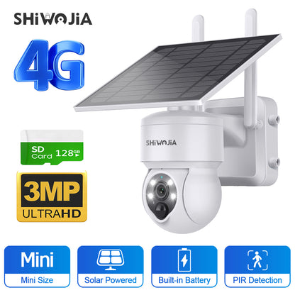 SHIWOJIA 4G SIM / WIFI Solar Security Cameras WIFI Wireless Outdoor 3MP  View Animal Monitoring MiNi Solar Battery PTZ Camera Built-in Battery
