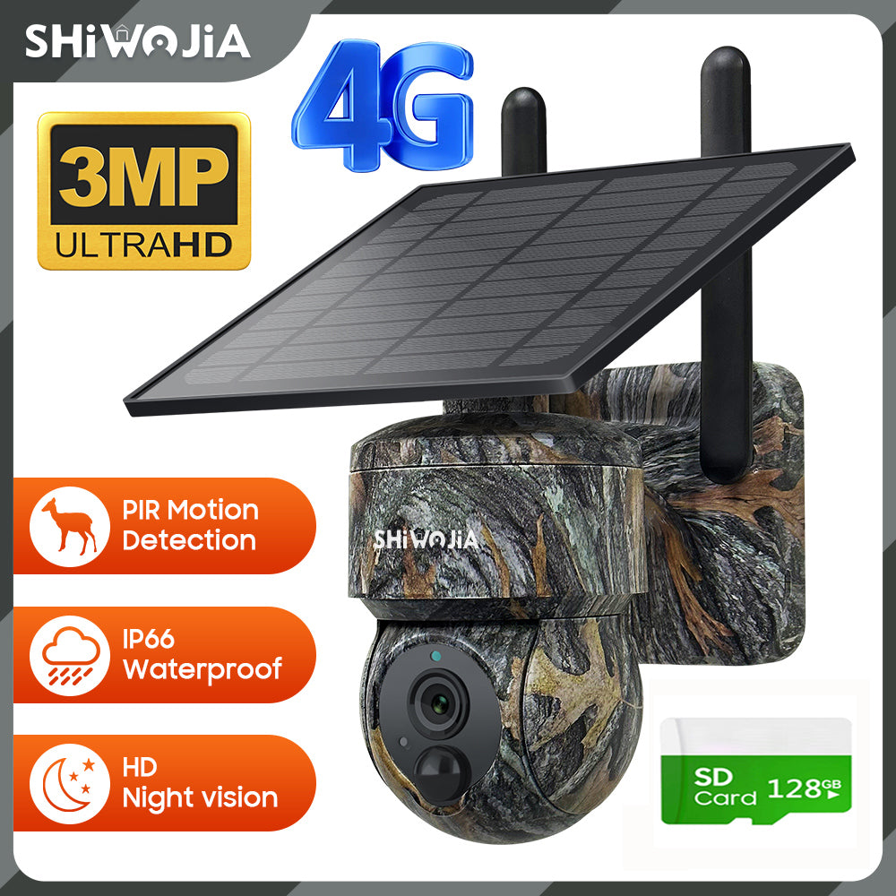 SHIWOJIA Camouflage Color Solar Battery PTZ Camera.4G SIM / WIFI  360° View Animal Monitoring.Built-in Battery