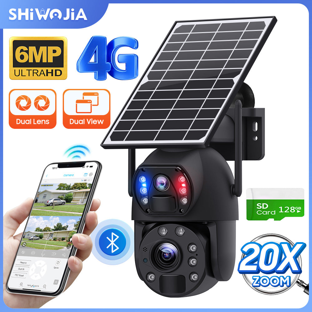 SHIWOJIA 20X Zoom 4G SIM / WIFI كاميرا أمان خلوية مزدوجة العدسات، كاميرا شمسية 6 ميجابكسل لاسلكية في الهواء الطلق، إنذار صفارات الإنذار، رؤية ليلية ملونة، شاشة مزدوجة، بطارية مدمجة 12000 مللي أمبير في الساعة 